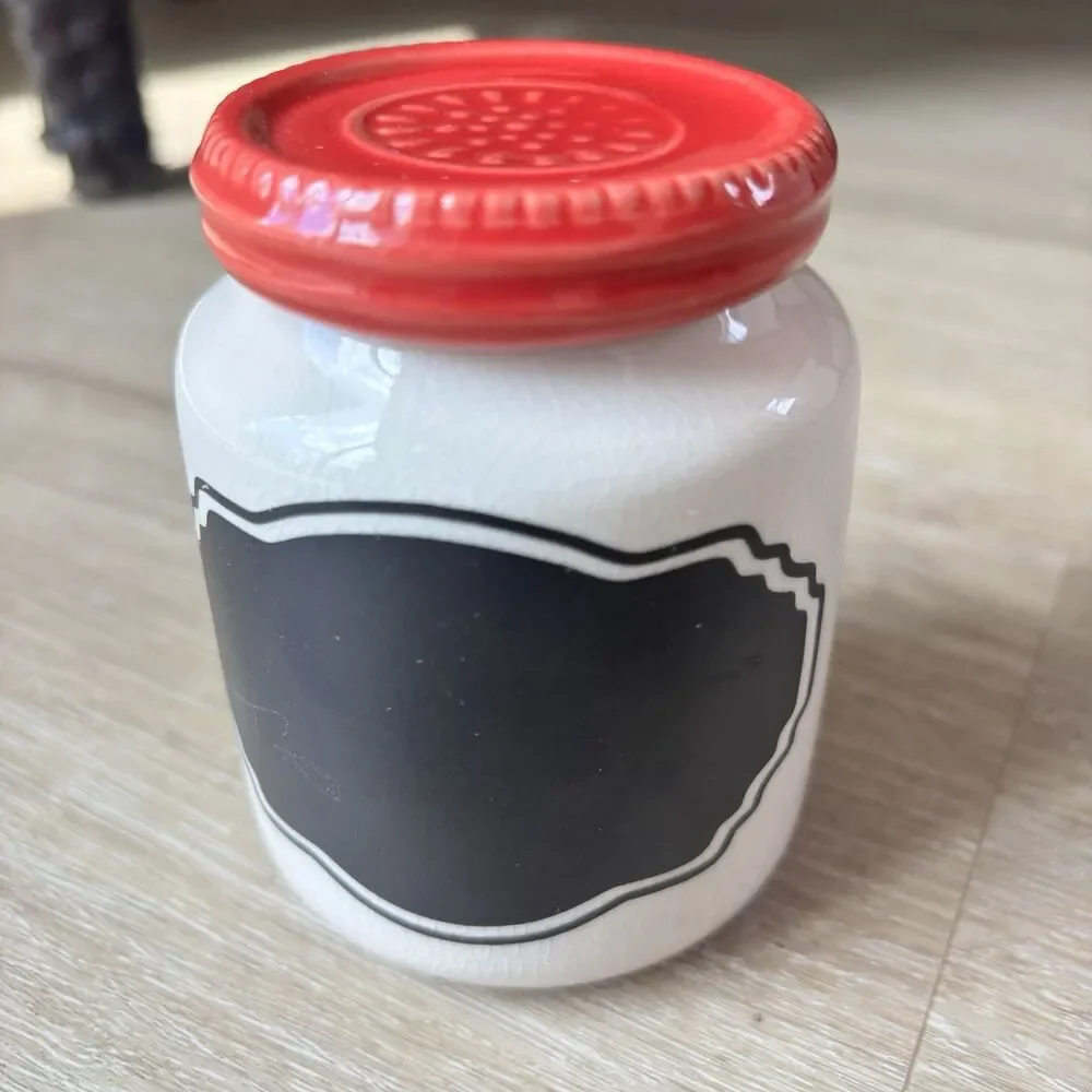 Home Essentials Ceramic Canister Jar Red Lid Chalkboard Front Crackle Glaze Smal